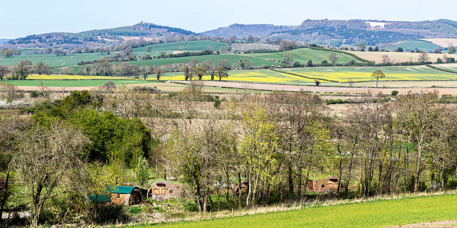 Rolling hills surrounding our glamping Yorkshire site and glamping family pods.